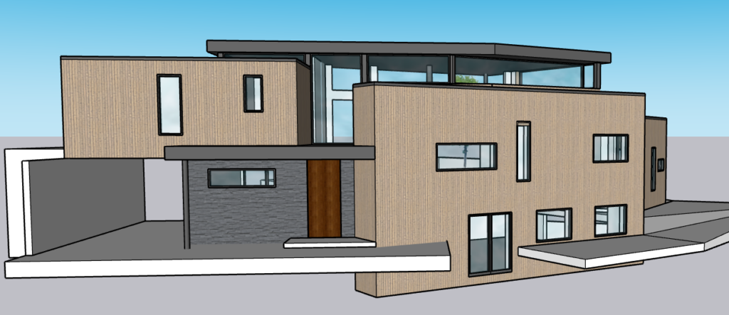3D architectural rendering of a two-story modern house with wood vertical siding, a stone-clad entry volume, and angled flat roof