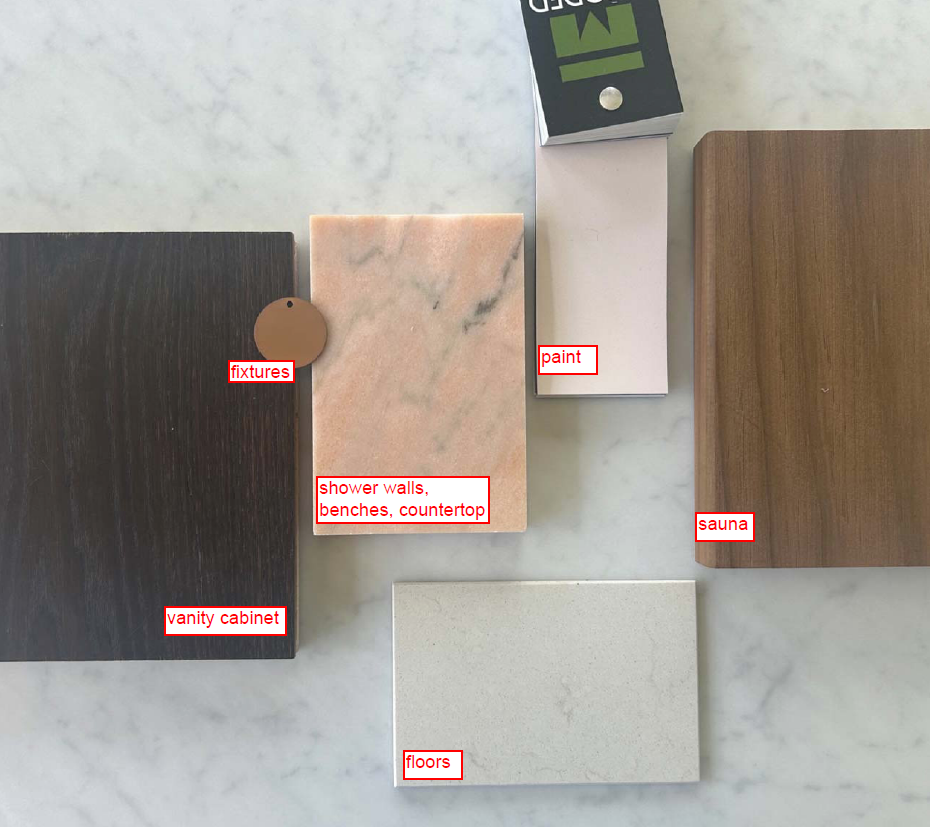 Overhead flat-lay of labeled material swatches including wall finish, shower and countertop stone, vanity wood, fixtures, and new flooring