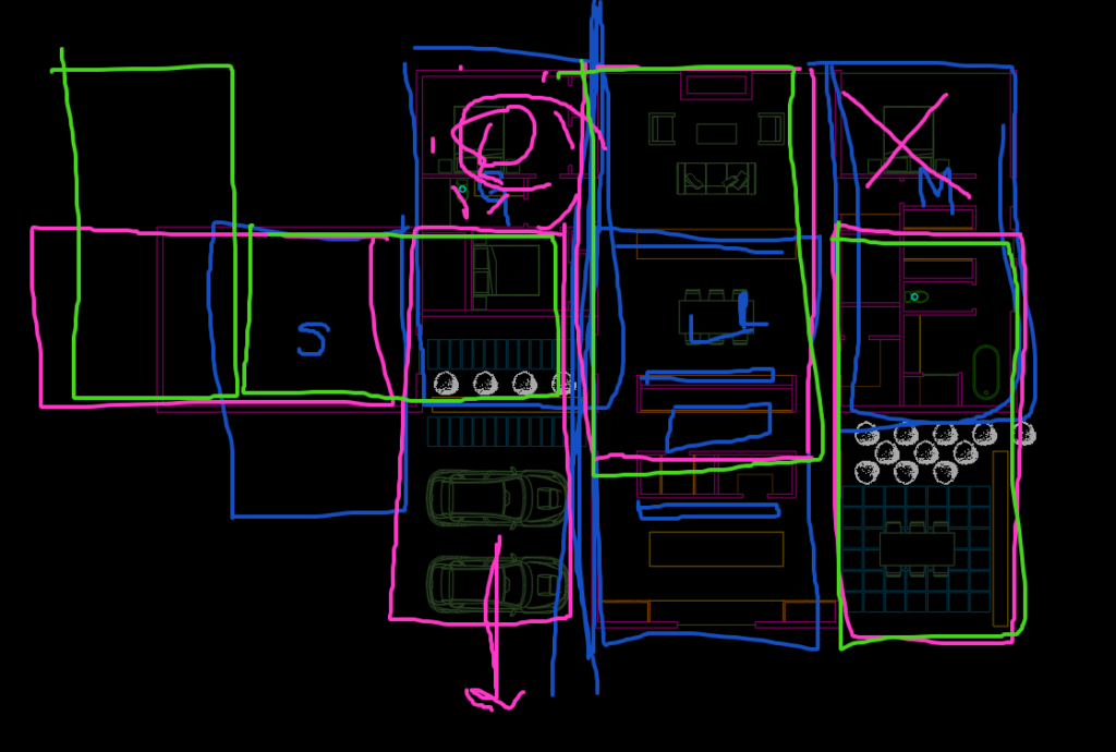 Digital floor plan with hand-drawn color markup in pink, green, blue, and magenta highlighting different rooms and zones, including a two-car garage