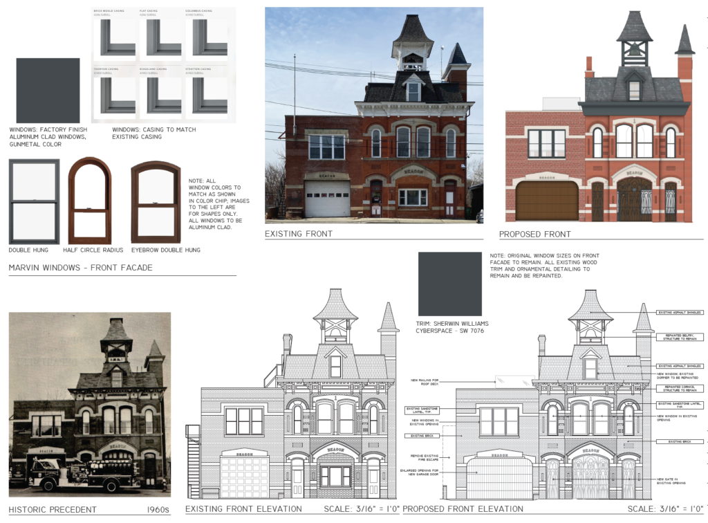 Architectural presentation board for a historic firehouse renovation showing existing and proposed front elevations with notes