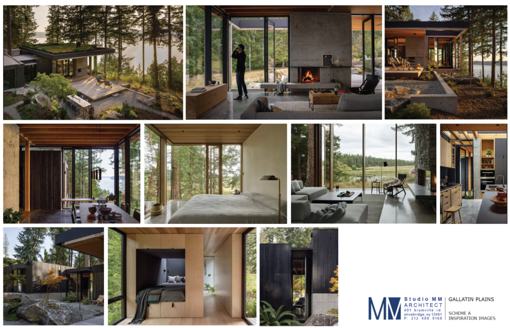 Studio MM Architect inspiration board collage with nine photos of a modern forest and lakeside home