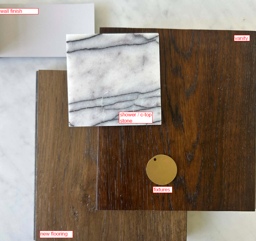 Overhead flat-lay of labeled bathroom material swatches for wall finish, shower/countertop stone, vanity, fixtures, and new flooring